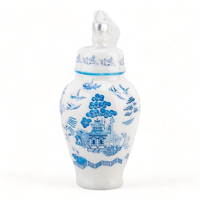 Pair of contemporary Chinoiserie glass ornaments featuring a beautiful blue willow design. They are perfect on a Christmas...