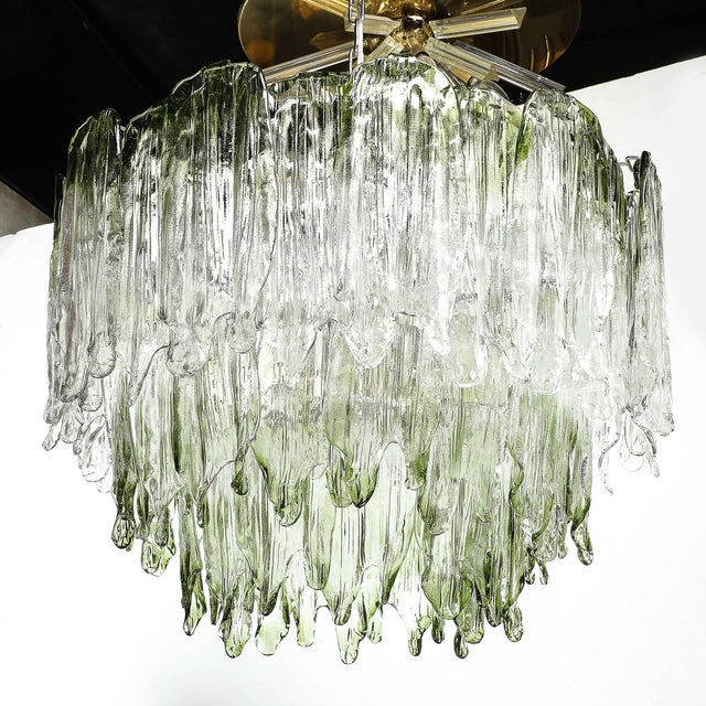 Mid-Century 3-Tier Hand-Blown Murano Green Glass Fiamme Chandelier by Mazzega For Sale - Image 11 of 18