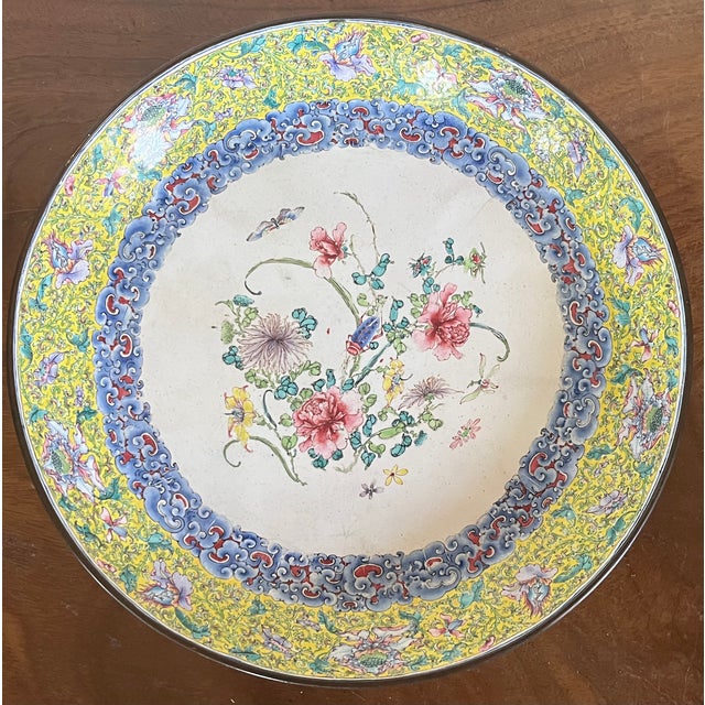 Antique 18th C. Chinese Qianlong Period (1736 - 1795) Canton Dish Painted Enamel on Copper With Flowers, Cricket and Bat For Sale - Image 11 of 13