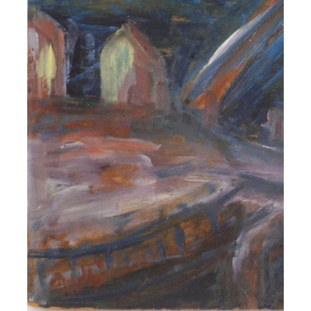 Wonderful mid century abstract expressionist landscape of bridge over water cityscape, circa 1960. Illegible signature...