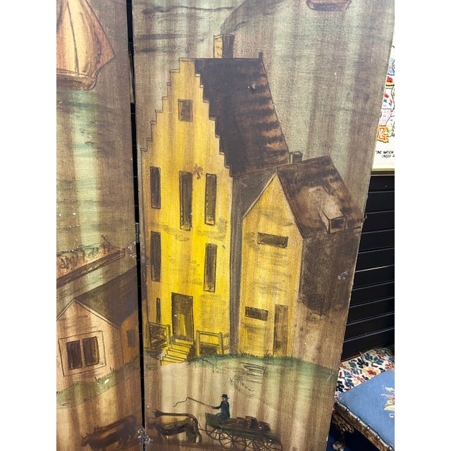 Folk Art Antique Hand-Painted Folk Art Room Divider Partition 3-Panel Screen With Nautical Commercial City Harbor Scene For Sale - Image 3 of 12