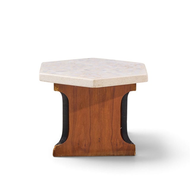 Brown Harvey Probber Mid Century Walnut and Terrazzo Top Hexagon Side Tables - Pair For Sale - Image 8 of 11