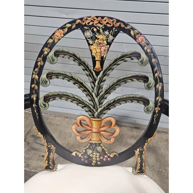 Late 20th Century Late 20th Century Pair of Karges Hepplewhite Plum Arm Chairs Ebonized, Carved Hand Painted Leather Fabric For Sale - Image 5 of 14