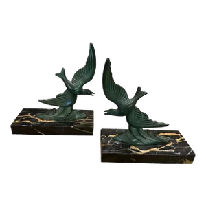 1930s Art Deco Marble and Green Metal French Birds Bookends - a Pair