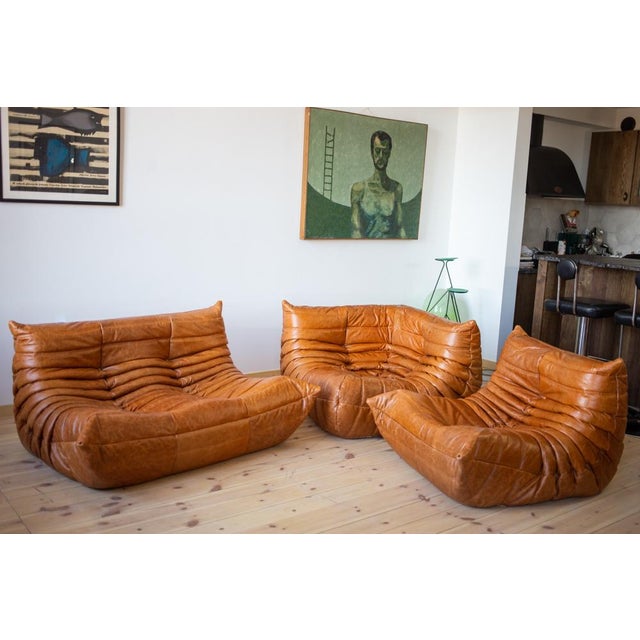 Pine Leather Togo Corner Lounge Chair, Corner Seat & 2-Seat Sofa by Michel Ducaroy for Ligne Roset, Set of 3 For Sale - Image 10 of 10