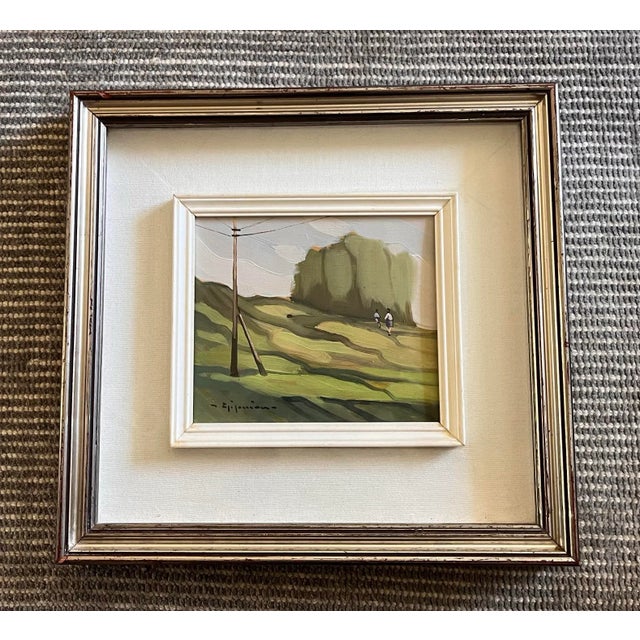 Vintage Italian school landscape painting with rich green tones. Double frame with glass and painted silver wood exterior...