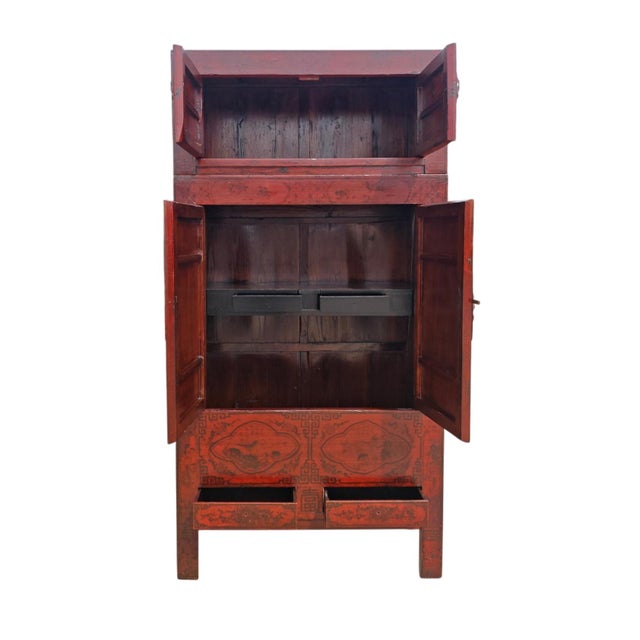 Mid 19th Century 96" Tall Red Lacquer Antique Chinese Chinoiserie-Style Cabinet For Sale - Image 5 of 8