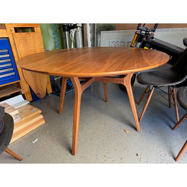 Stellar Works Ren Round Walnut Dining Table + Herman Miller Eames Fiberglass Wood Dowel Chairs For Sale In Los Angeles - Image 6 of 13