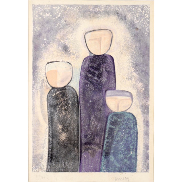 The Faceless, Unforgettable Three - Modernist Color Lithograph (5/100) Three faceless figures, created by Simon Avissar...