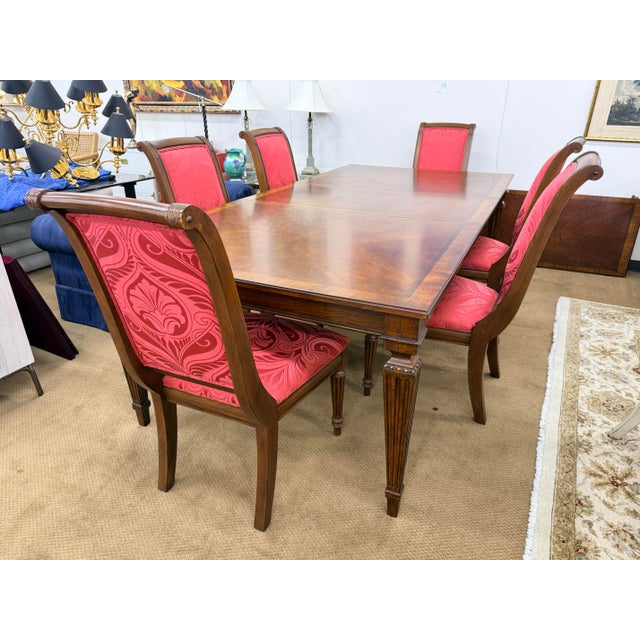 Ethan Allen Dining Table Set With 6 Red Damask Upholstered Chairs 7 Pc For Sale In New York - Image 6 of 11