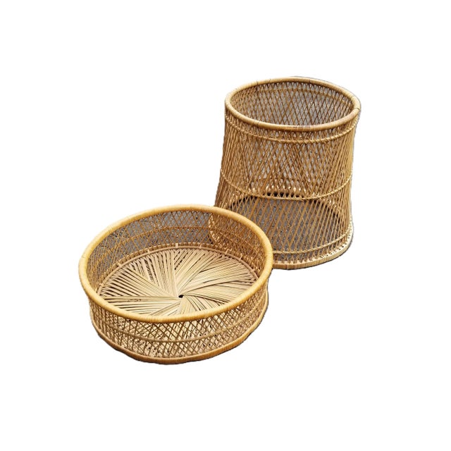 1980s Vintage Round Rattan Plant Stand or Side Table With Removable Tray Top For Sale - Image 5 of 7