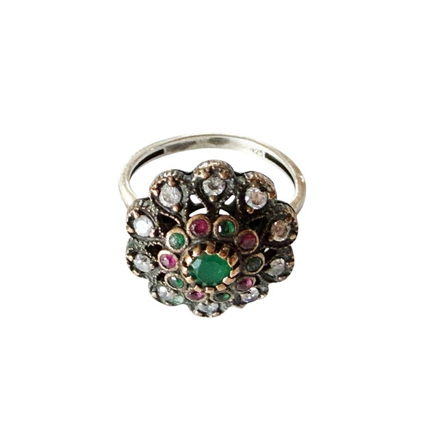 1960s Vintage Ruby, Emerald& Diamond Ring Sterling Silver Size 8 For Sale - Image 5 of 5