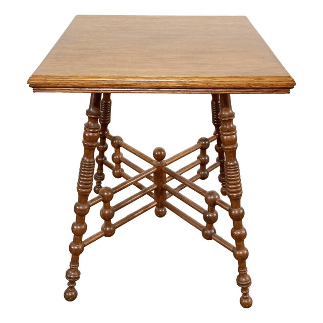 Antique Ornate Oak Wood Stick and Ball Accent Table For Sale