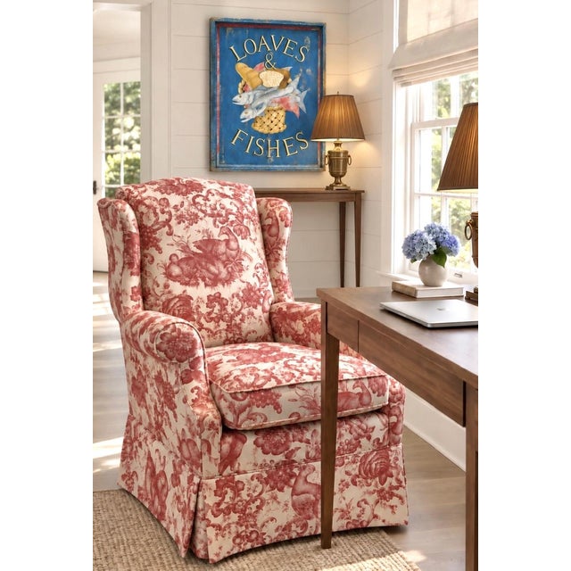 Wood Custom English Wingback Chair in Red Toile by Brunschwig & Fils For Sale - Image 7 of 18