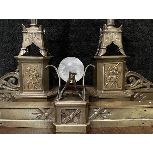 Metal 1800s Bronze Neo-Grecian Andirons With Mystical Lamp of Wisdom and Entwined Snakes Serpents - 3 Pieces For Sale - Image 7 of 10