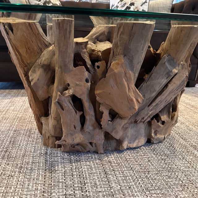 Modern Rectangular Glass Top Coffee Table Driftwood Base For Sale - Image 3 of 4