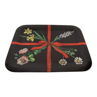 Large Vintage Lacquered Metal Litho Ribbon and Floral Tray by Piero Fornasetti For Sale