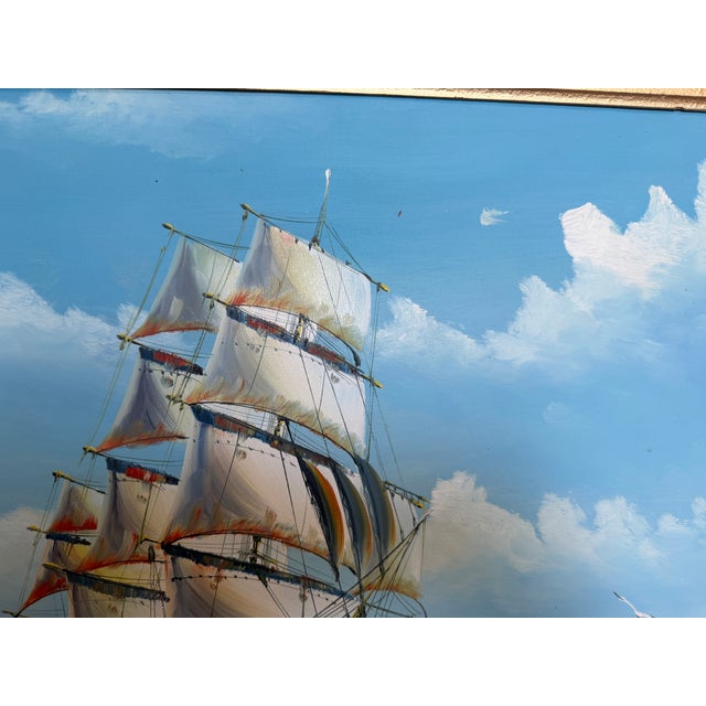 Blue Original Oil Painting on Canvas Seascape Sailing Ship Signed Maritime Art Framed For Sale - Image 8 of 10