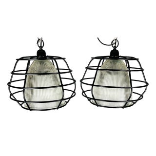 Industrial Pendant Light Fixtures in Metal and Glass, Set of 2 For Sale