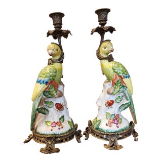 Vintage Porcelain & Bronze Parrot Candle Holders - Pair For Sale