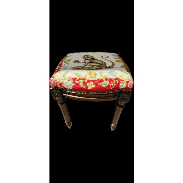 Mid 20th Century Vintage Louis XVI Style Stool With Needlepoint Monkey For Sale - Image 5 of 9