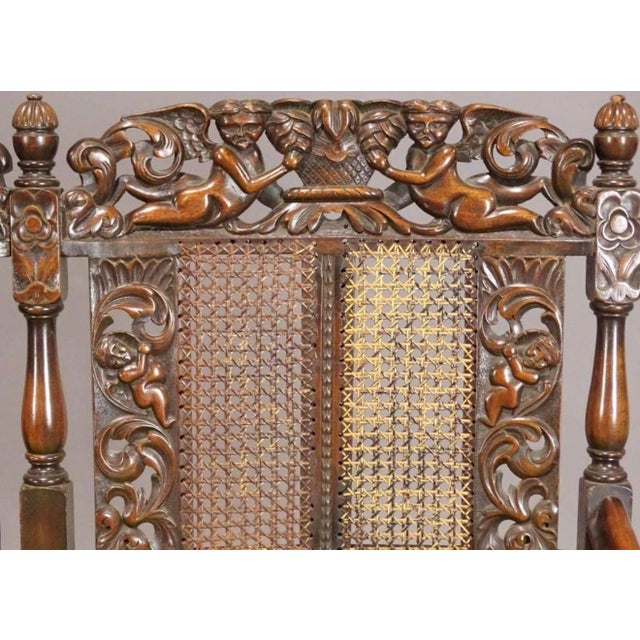 Wood 20th Century Jacobean Revival Style Carved Hardwood & Cane Three-Seat Settee For Sale - Image 7 of 12