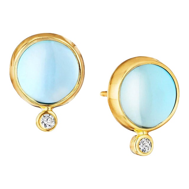 Syna Blue Topaz Yellow Gold Baubles Earrings with Diamonds, a Pair For Sale