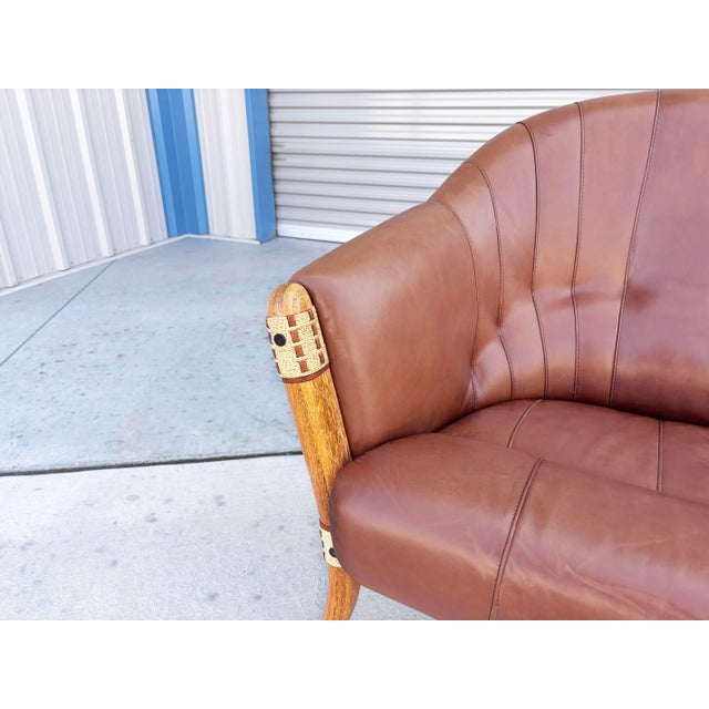 1980s Mid Century Palmwood & Leather Loveseat by Pacific Green For Sale - Image 5 of 12
