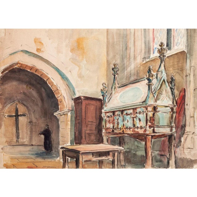 'Church Interior'' is an original drawing in ink and watercolor on paper, realized by Jules Rene Leblanc. Hand-signed on...