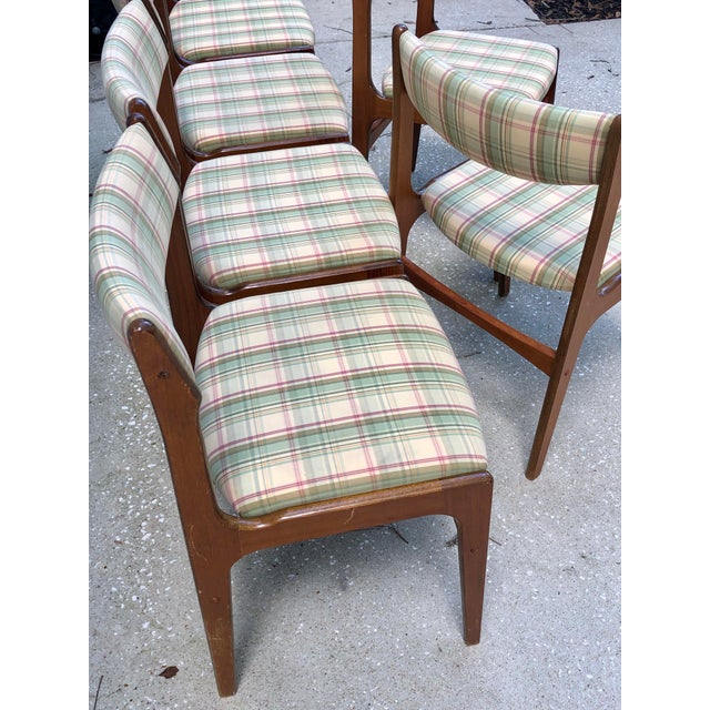 Danish Mid Century Modern Plaid Checked Wooden Dining Chairs Set of 6