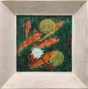 Captivating 1950 Painting of Gold Fish & Water Lillies by Artist Harold Haydon