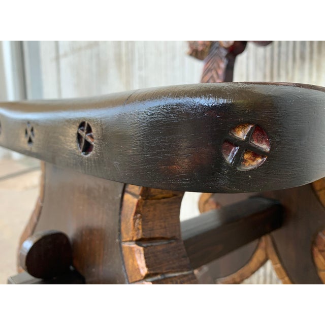 Brown 20th Century Pair of Spanish Polychromed Sgabello Carved Side Chair or Stool For Sale - Image 8 of 18
