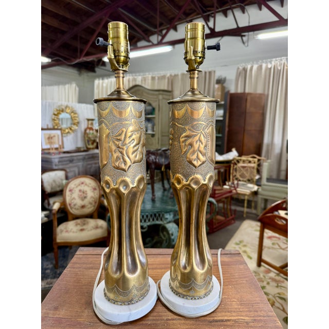 Early 20th Century French Wwi Trench Art Brass Artillery Shell Lamps With Italian Marble Bases - a Pair For Sale - Image 4 of 4