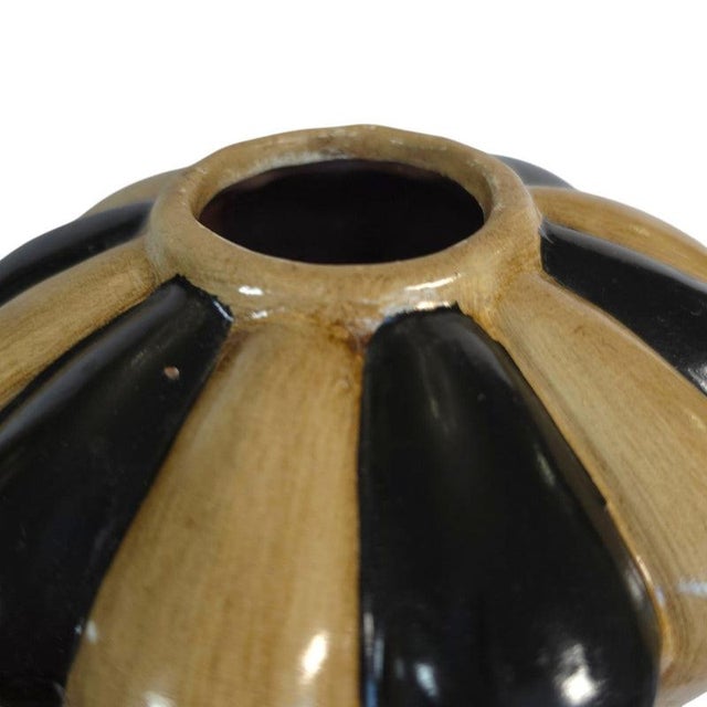 Ceramic Art Deco Hollywood Regency Black & Tan Fluted Ceramic Vase Pair For Sale - Image 7 of 16
