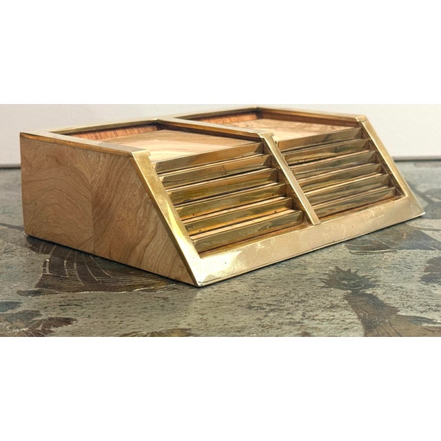 Karl Springer Signed Karl Springer Marble and Brass Coasters With Caddy For Sale - Image 4 of 10