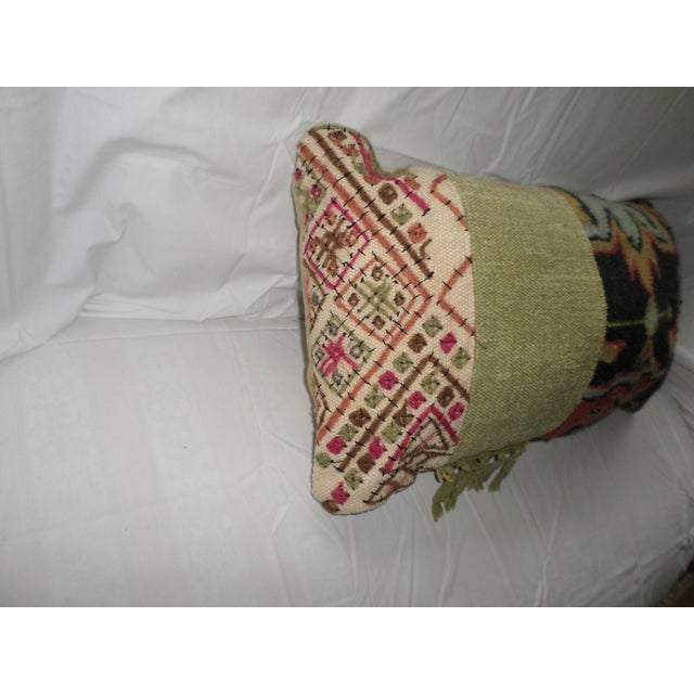 This is a Hand Made Vintage Rustic Farmhouse Decor Kilim Turkish Wool Bolster /Lumbar Pillow with a Green Linen Center...