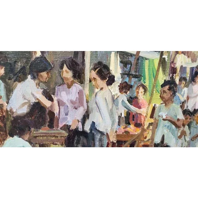 Light Gray Gerald Merfeld "Street Market, Vietnam" Original Oil Painting C.1980s For Sale - Image 8 of 9