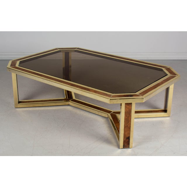 1970s French Brass and Burlwood Smoked Glass Coffee Table Chairish