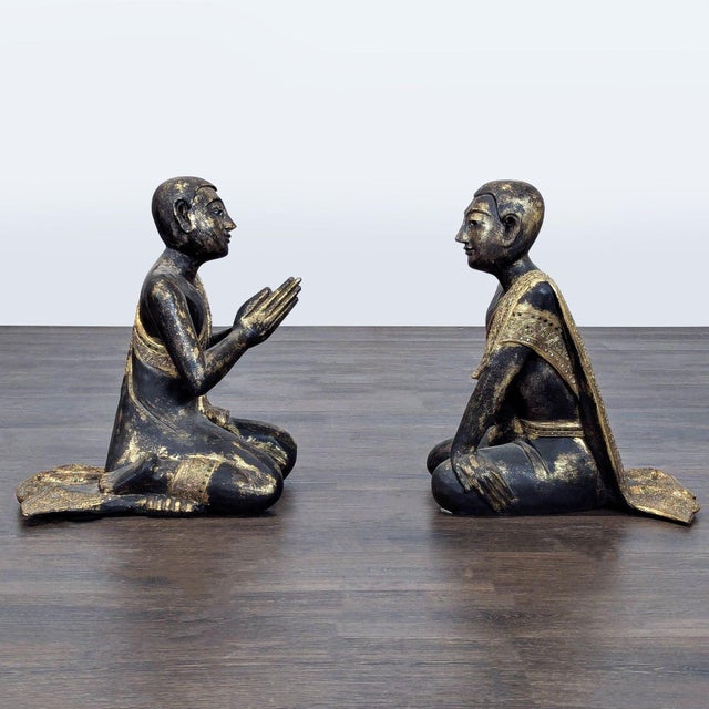 Asian Pair of Thai Carved Teak Gilt Buddhist Monk Figures For Sale - Image 3 of 8