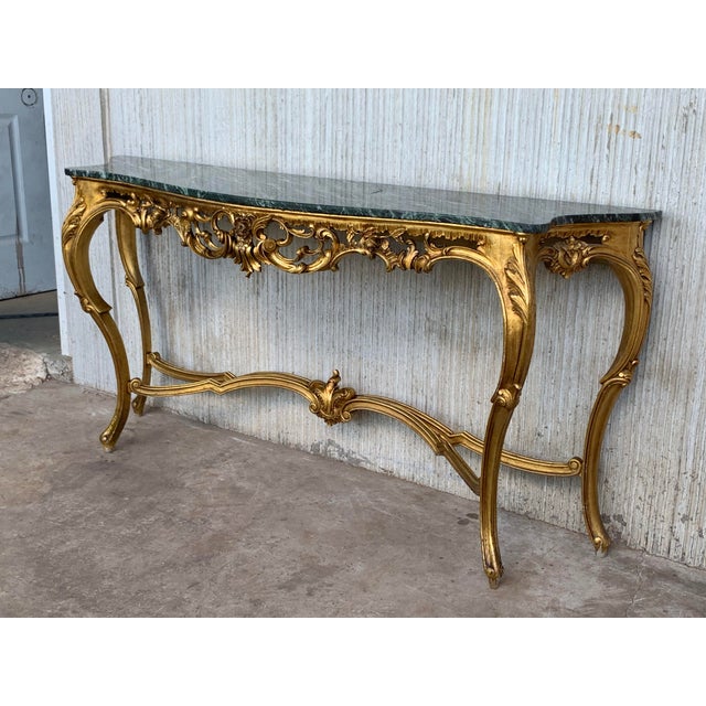 20th Century Baroque Style Carved Walnut Ormolu and Green Marble Console Table For Sale - Image 4 of 11