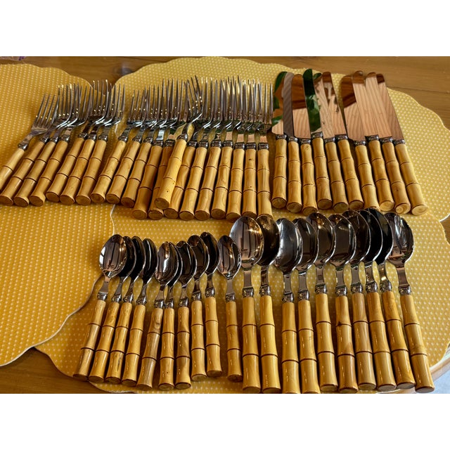 The SCOF Rare Vintage Bamboo Flatware set includes 50 pieces all featuring a light yellow wood tone and a vintage/retro...