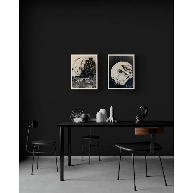 Plastic 1980s "Cityscape in Black and White" Leon Collard Painting For Sale - Image 7 of 7