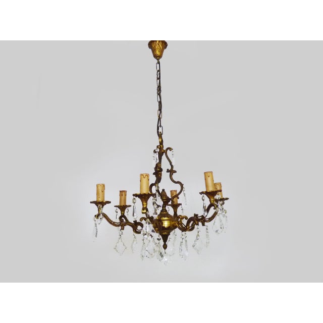 Gold 6-Light Cage Chandelier in Bronze with Glass Pendants, 1960s For Sale - Image 8 of 10