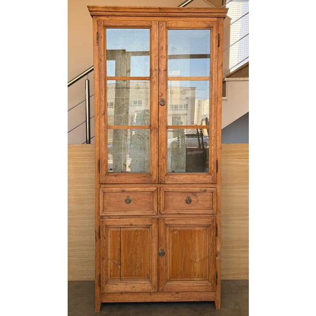 19th Century Large & Narrow Cupboard or Bookcase with Glass Vitrine, Pine For Sale - Image 16 of 18