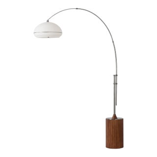 1980s 92" Nova of California Morelli Tambo Mid Century Floor Lamp - Satin Nickel Steel, Wood Base, Lucite Shade For Sale