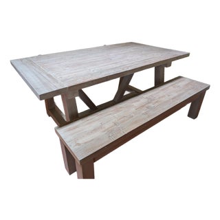 Restoration Hardware Grey Salvaged Wood Dining Table and Bench For Sale