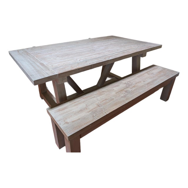 Restoration Hardware Grey Salvaged Wood Dining Table and Bench For Sale
