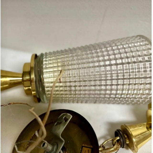 Mid-Century Modern 1950s Brass and Tapered Holopane Pendant Lights - a Pair For Sale - Image 3 of 6