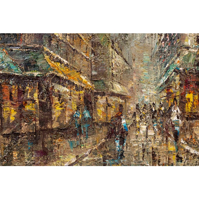 A richly textured original oil on canvas depicting a bustling European street beneath an atmospheric gray sky, presented...