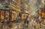 A richly textured original oil on canvas depicting a bustling European street beneath an atmospheric gray sky, presented...
